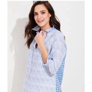 Vineyard Vines Linen Tunic Shirt Blue White Print Sz Large  Breathable  Coastal